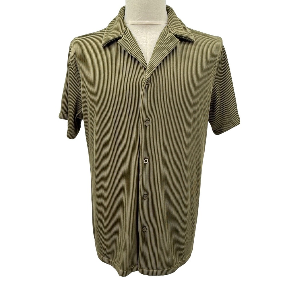 Coofandy Mens L Olive Green Ribbed Pleated‎ Button Front Shirt Stretch Textured